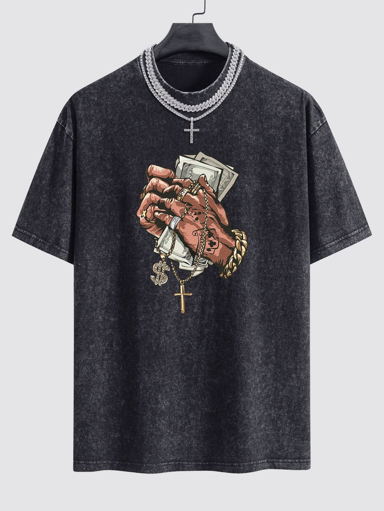 Hand Holding Cash Print Washed Drop Shoulder Oversize T-Shirt
