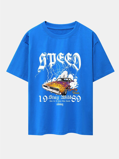 Lightning Speed Car Print Drop Shoulder Oversize T-Shirt