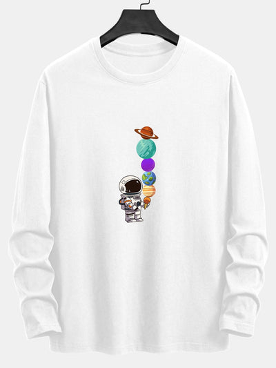 Long Sleeve Planet Astronaut Print Cotton T-Shirt