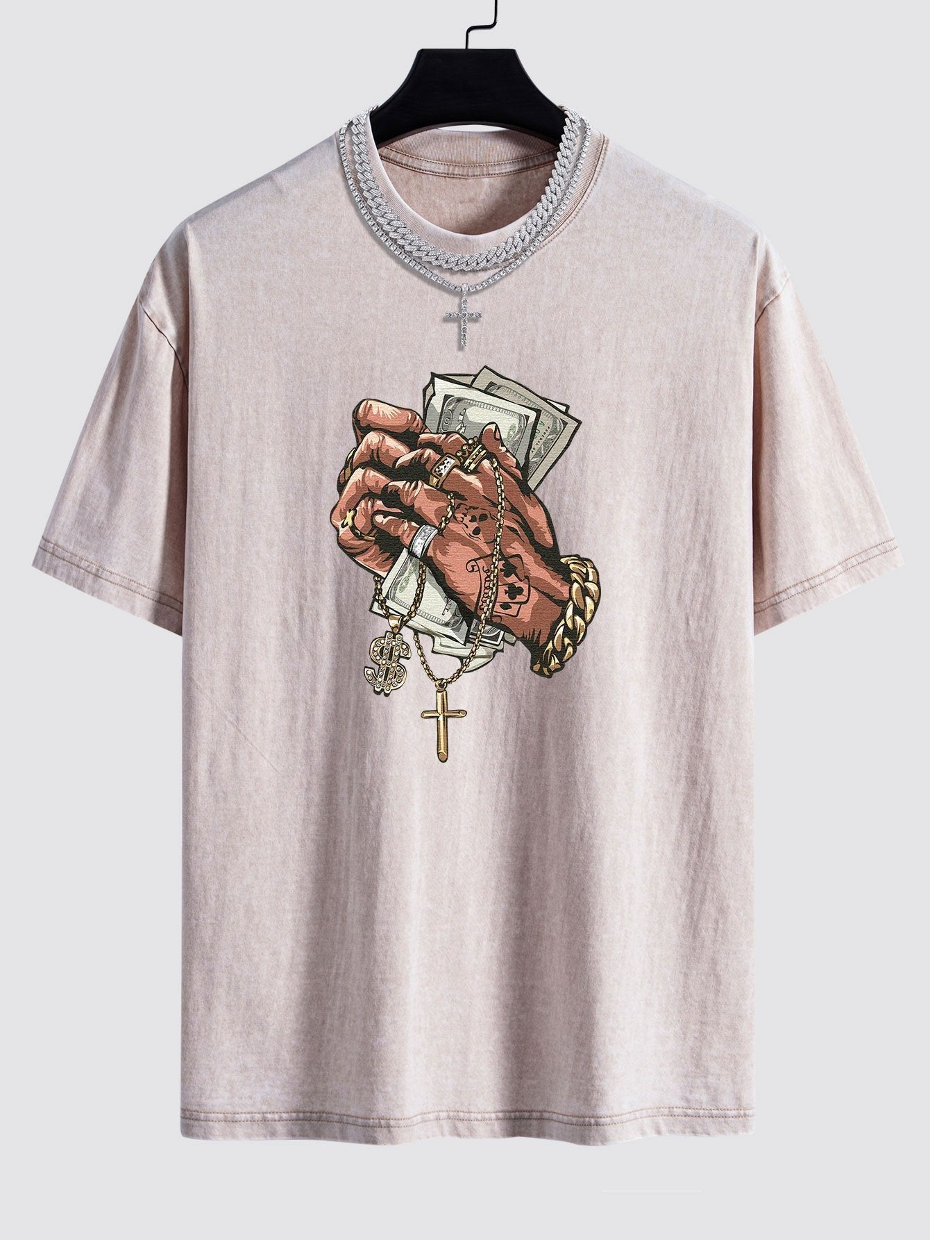 Hand Holding Cash Print Washed Drop Shoulder Oversize T-Shirt