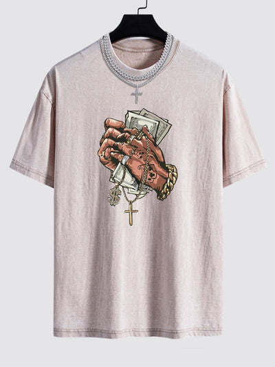 Hand Holding Cash Print Washed Drop Shoulder Oversize T-Shirt