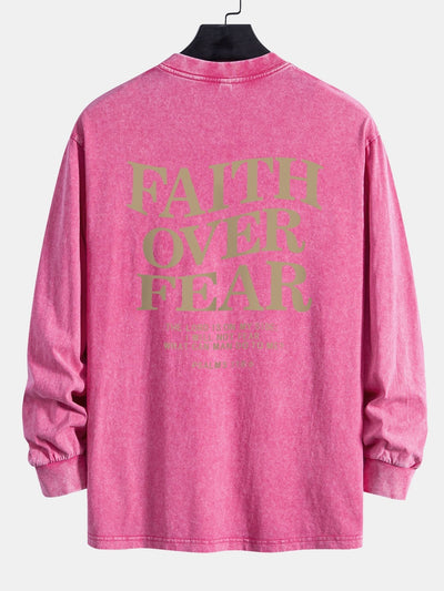 Faith Over Fear Print Relax Fit Long Sleeve Washed Distressed T-Shirt