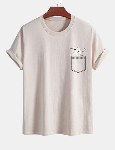 Regular Fit Pocket Bat Ghost Print Cotton T-Shirt