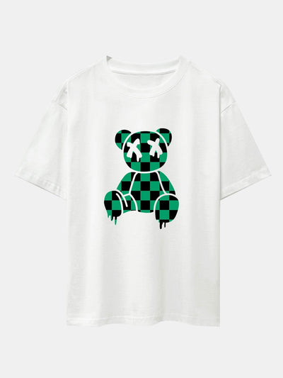Dissolving Checkerboard Bear Drop Shoulder Oversize T-Shirt