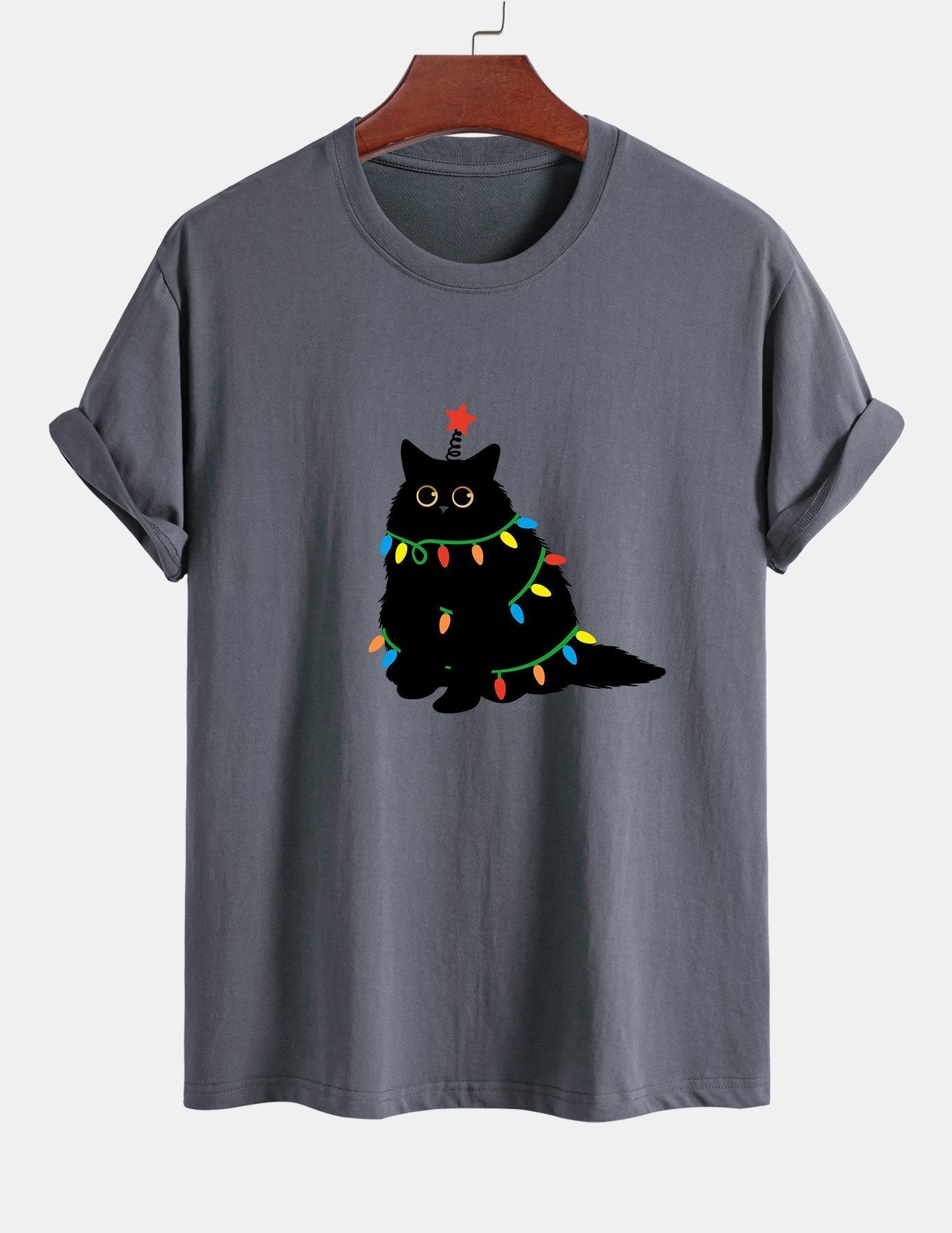 Regular Fit Colorful Light Black Cat Print Cotton T-Shirt