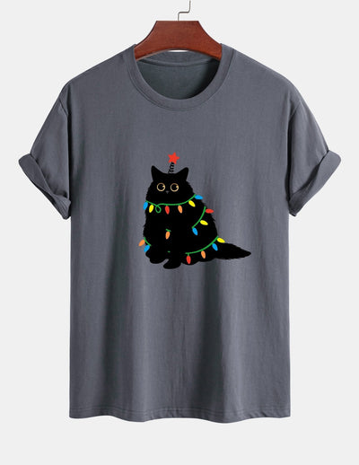 Regular Fit Colorful Light Black Cat Print Cotton T-Shirt