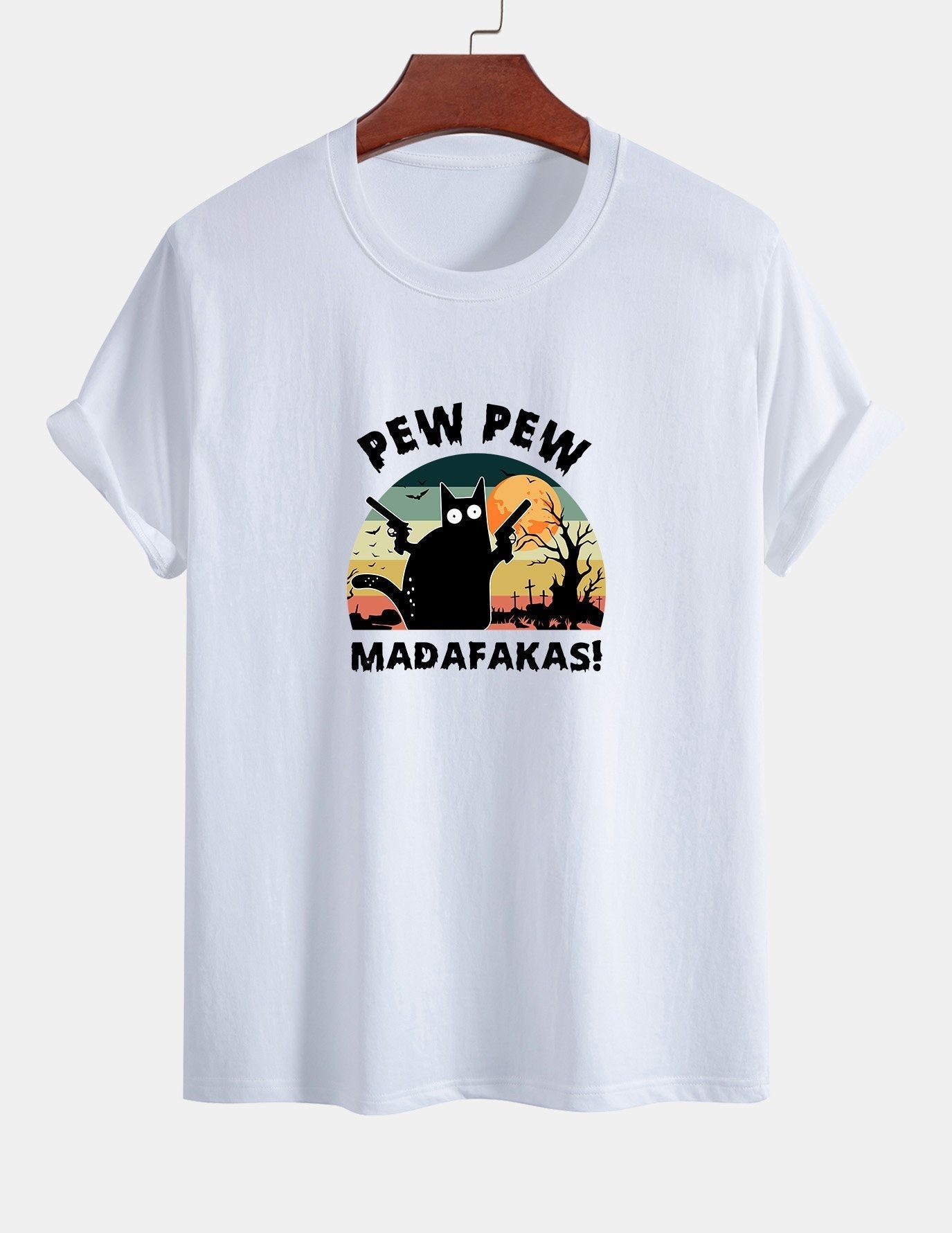 Regular Fit PEW PEW MADAFAKAS Black Cat Print Cotton T-Shirt