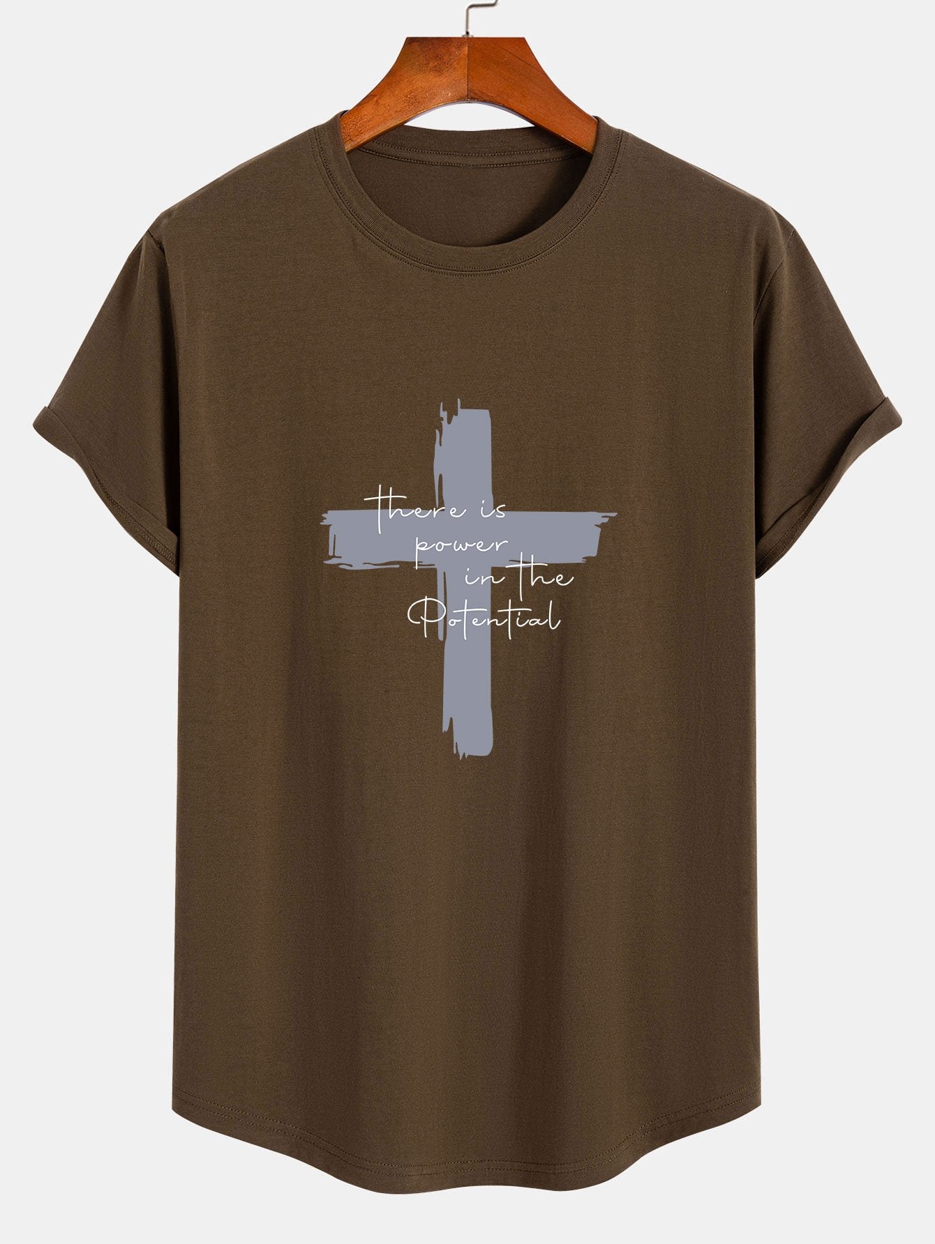 Cross Slogan Print Cotton Arc Hem T-Shirt