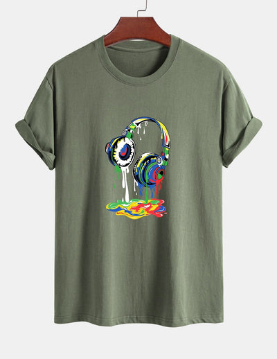Regular Fit Dissolving Headphones Print Cotton T-Shirt