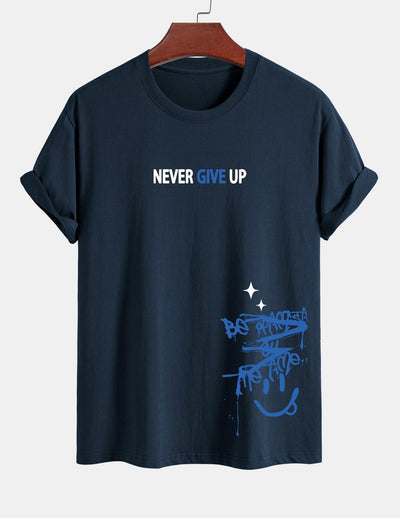 Regular Fit Never Give Up Smiley Face Print Cotton T-Shirt