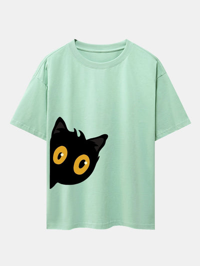 Black Cat Is Watching Print Drop Shoulder Oversize T-Shirt