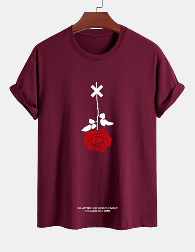 Regular Fit Inverted Rose Slogan Print Cotton T-Shirt