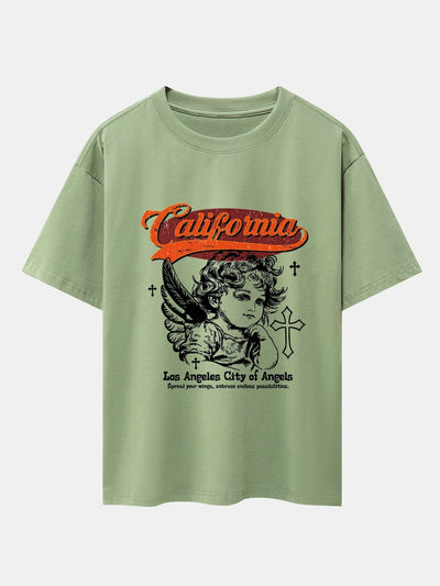 California Angel Print Drop Shoulder Oversize T-Shirt