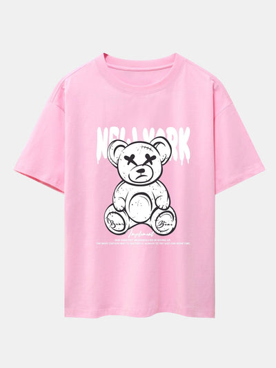 Slogan Bear Print Drop Shoulder Oversize T-Shirt