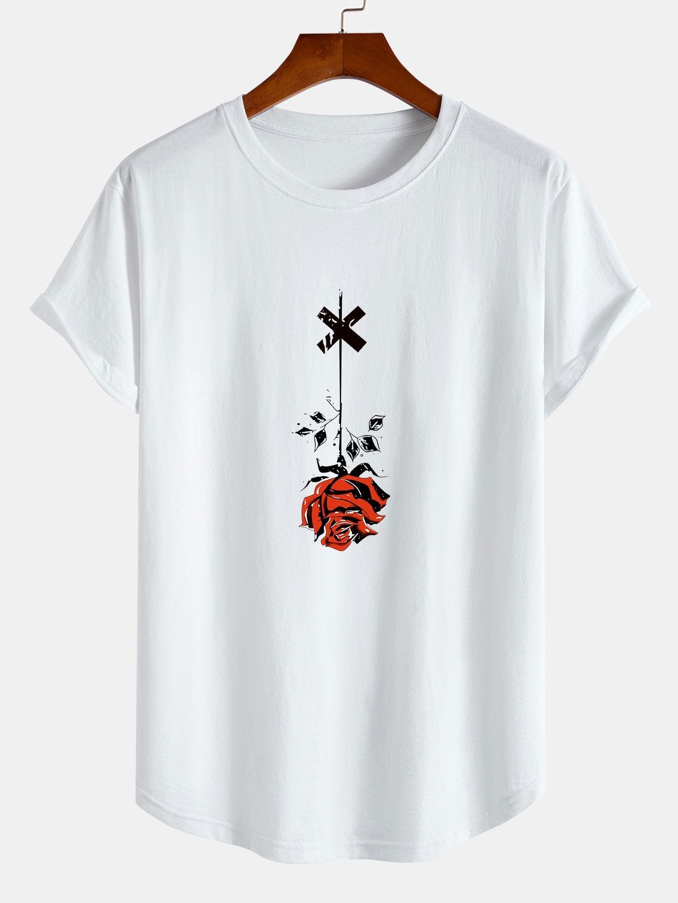 Hanging Rose Print Cotton Arc Hem T-Shirt