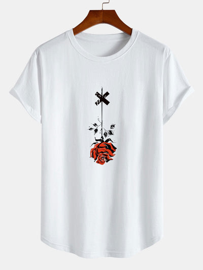 Hanging Rose Print Cotton Arc Hem T-Shirt