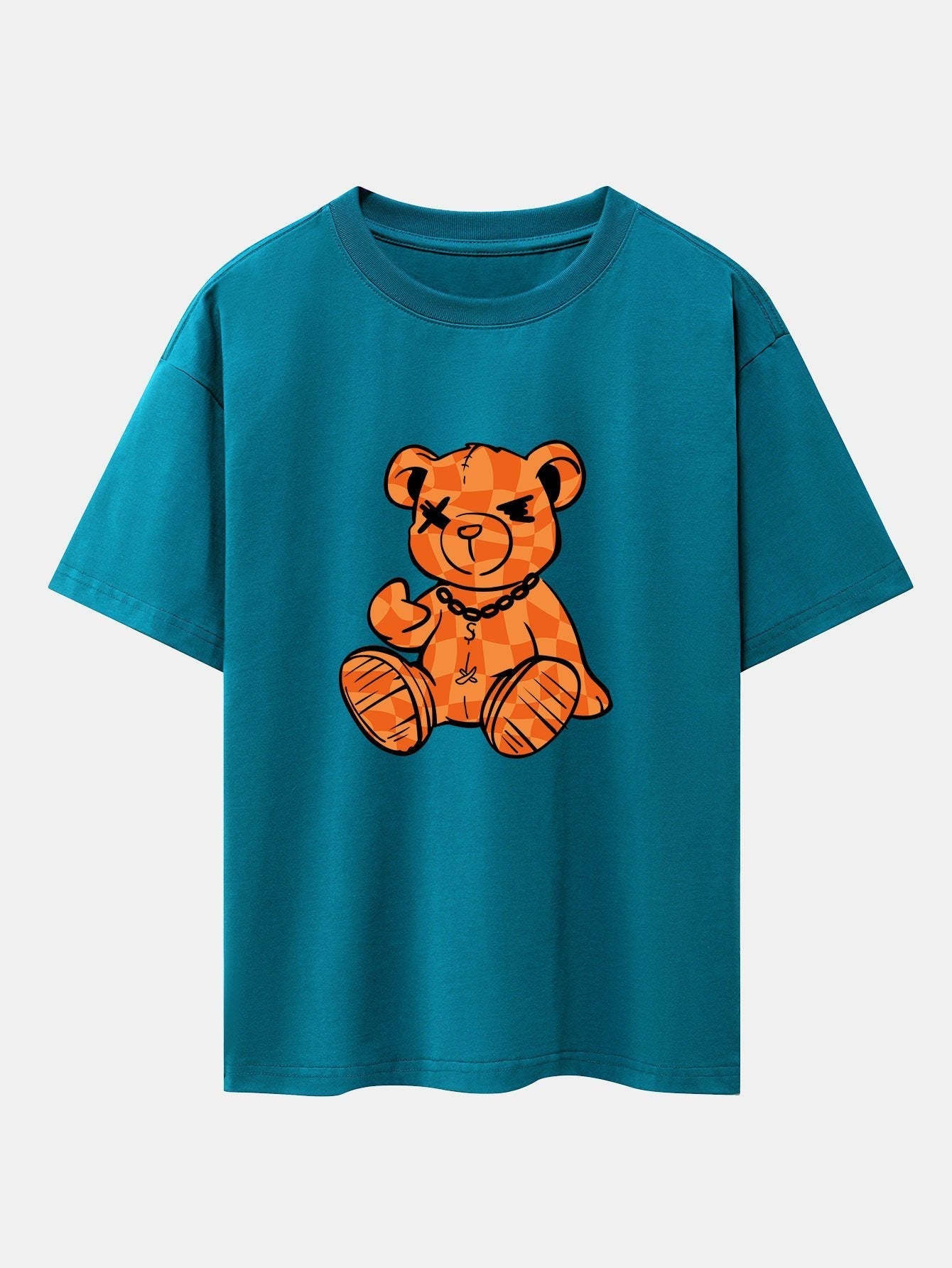 Orange Stitching Bear Print Drop Shoulder Oversize T-Shirt