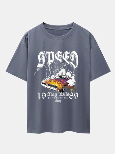 Lightning Speed Car Print Drop Shoulder Oversize T-Shirt