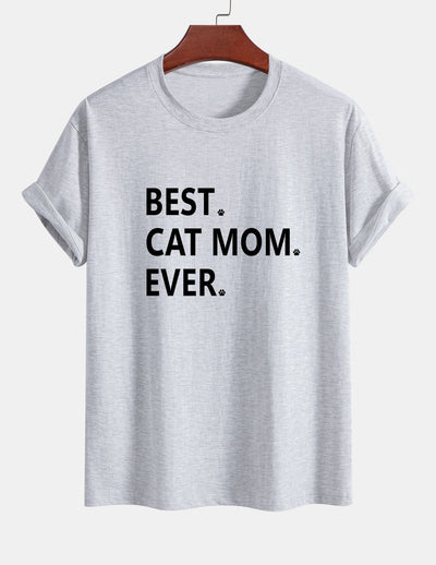 Regular Fit Best Cat Mom Ever Print Cotton T-Shirt