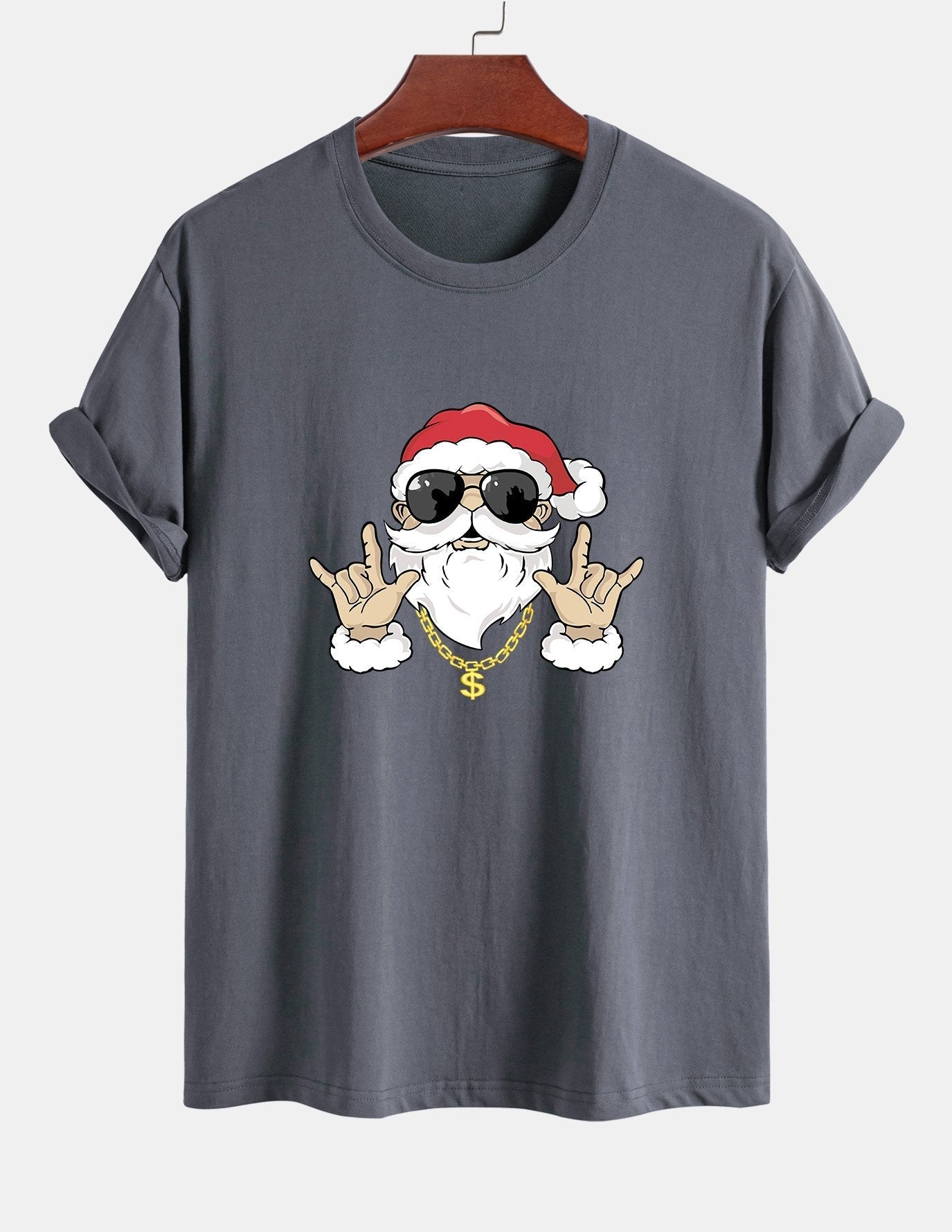 Regular Fit Hip Hop Santa Print Cotton T-Shirt