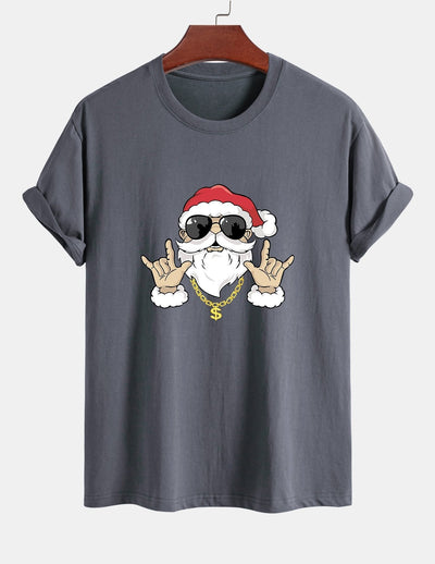 Regular Fit Hip Hop Santa Print Cotton T-Shirt
