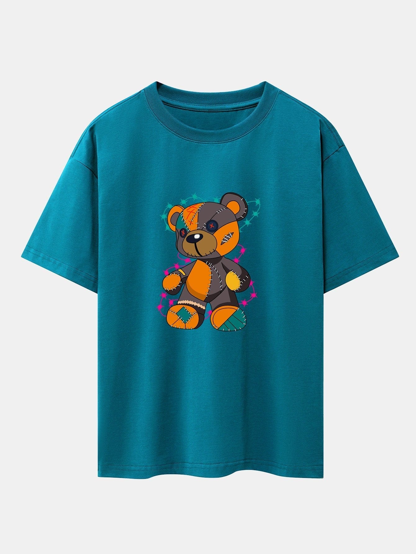 Tattered Bear Print Drop Shoulder Oversize T-Shirt