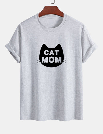 Regular Fit Cat Mom Print Cotton T-Shirt