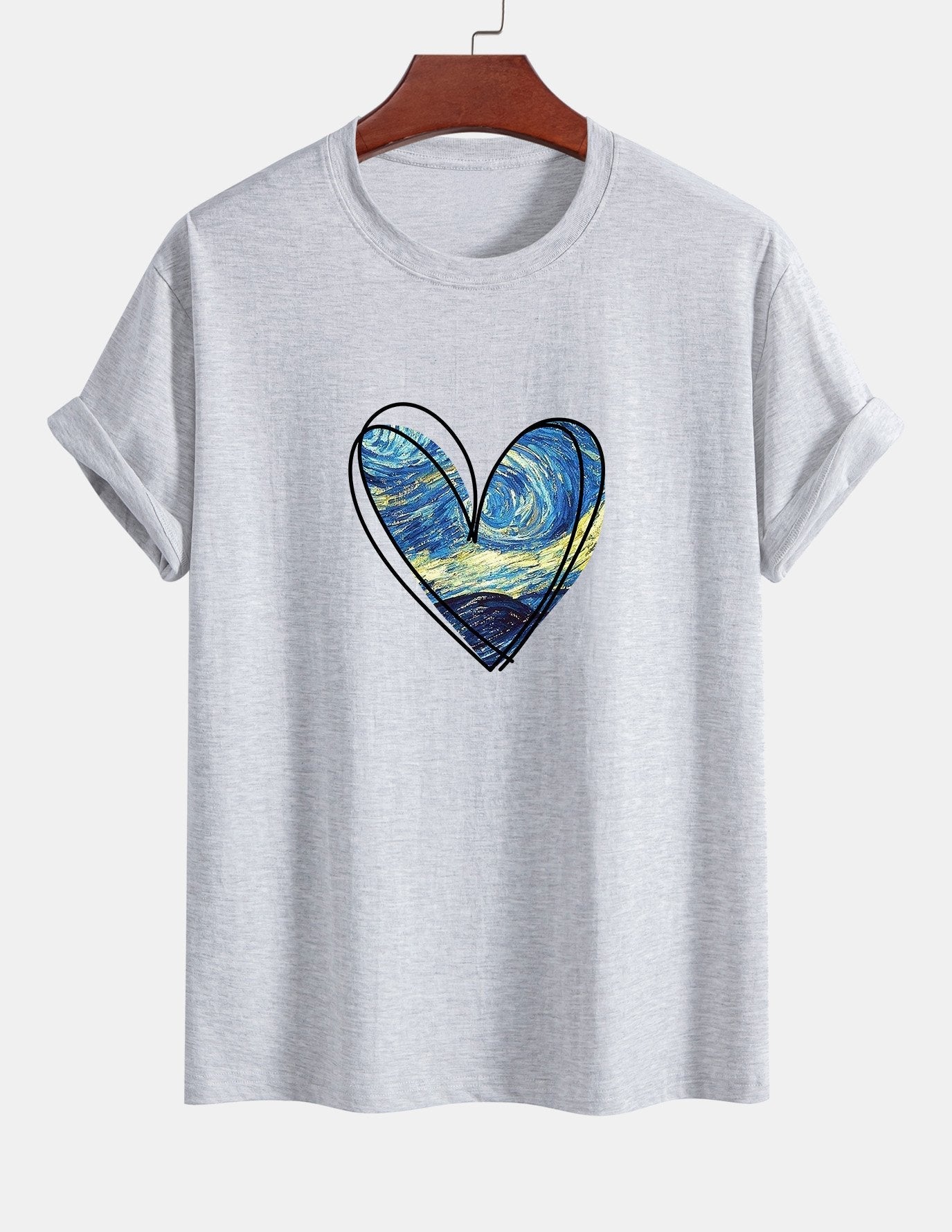 Regular Fit Starry Sky Heart Print Cotton T-Shirt