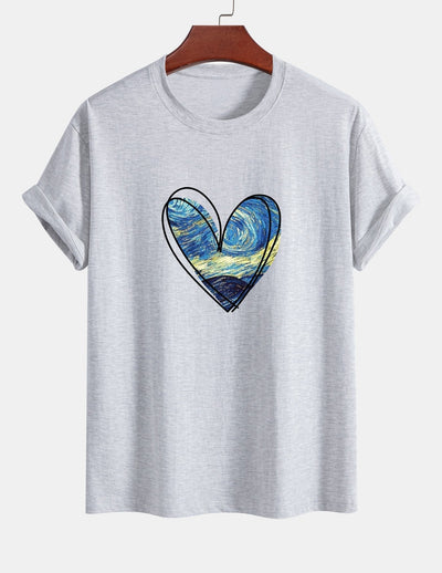 Regular Fit Starry Sky Heart Print Cotton T-Shirt