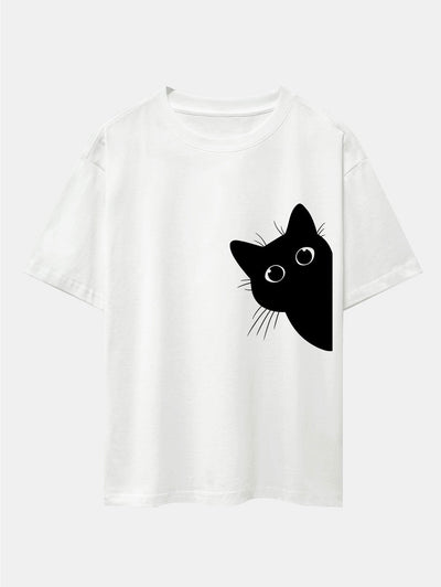 Black Cat Print Drop Shoulder Oversize T-Shirt