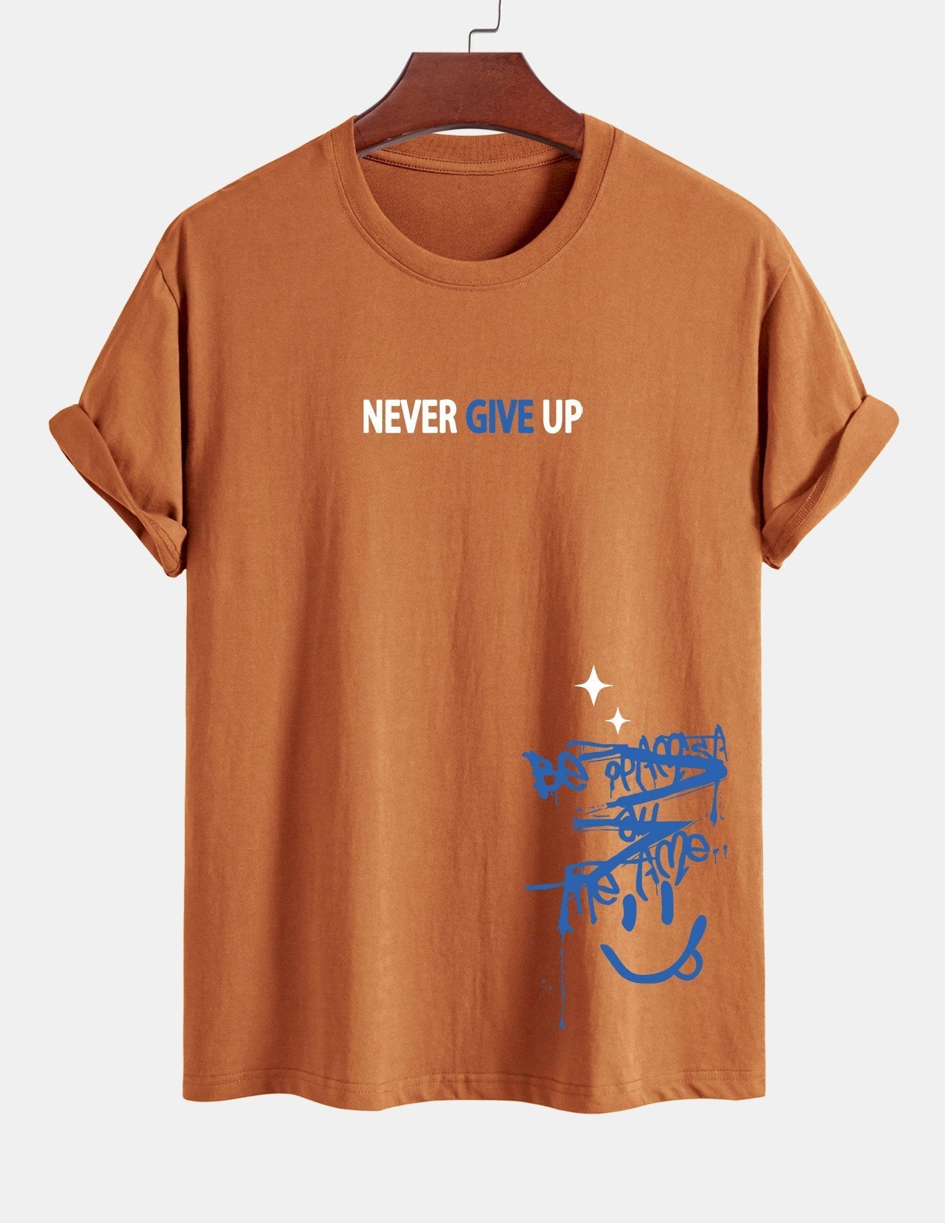 Regular Fit Never Give Up Smiley Face Print Cotton T-Shirt