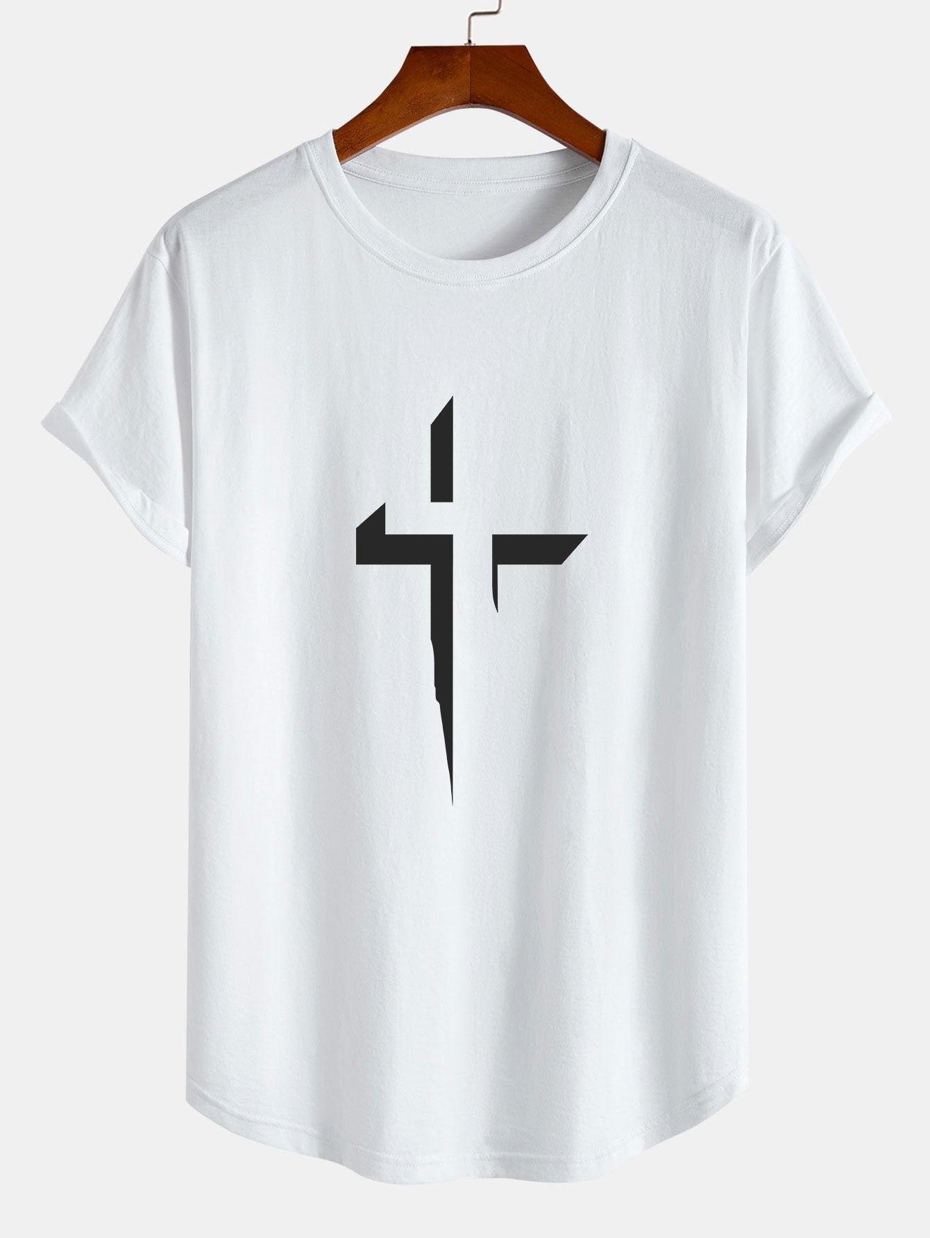 Cross Print Cotton Arc Hem T-Shirt