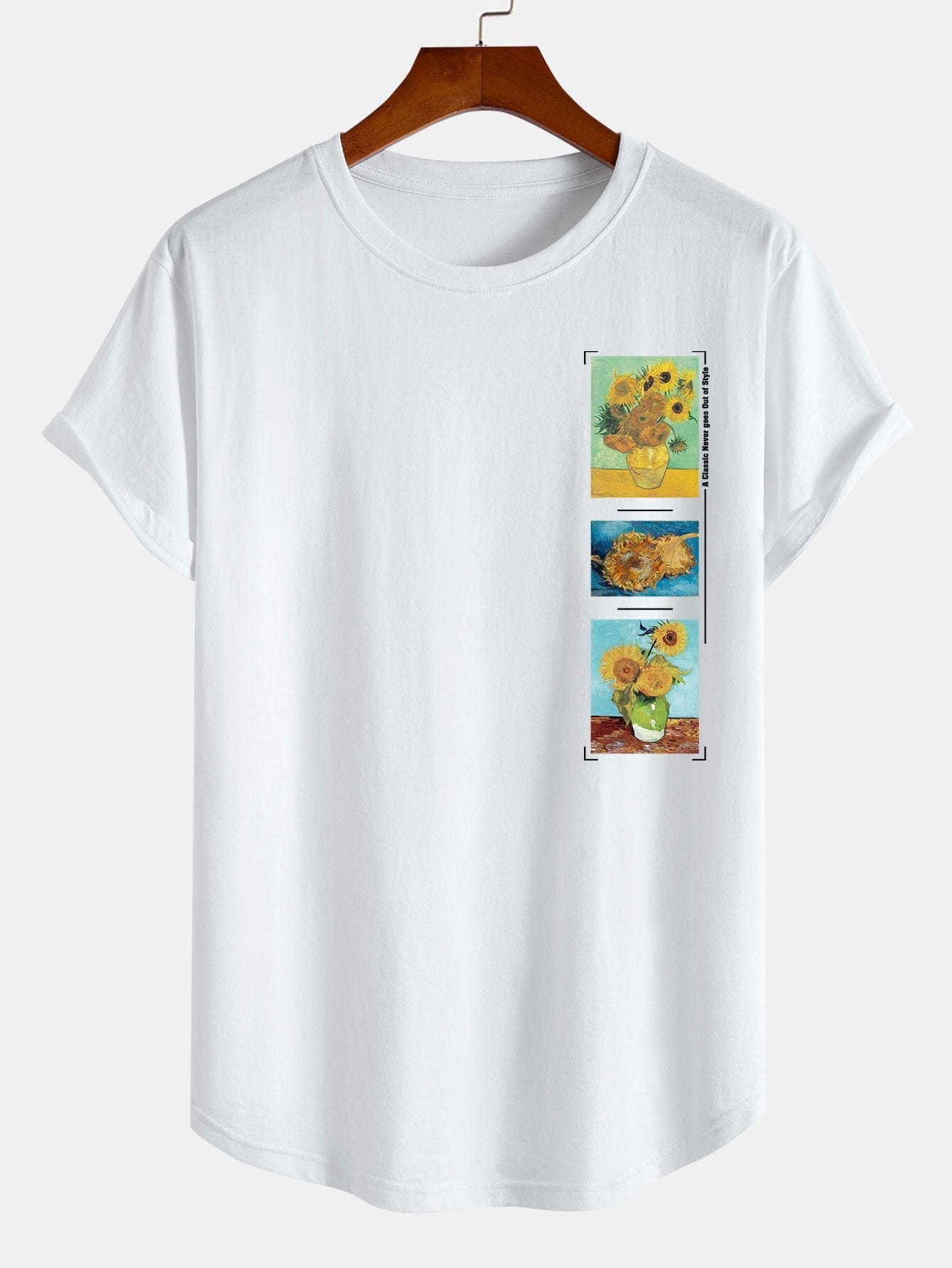 Sunflower Oil Painting Print Cotton Arc Hem T-Shirt
