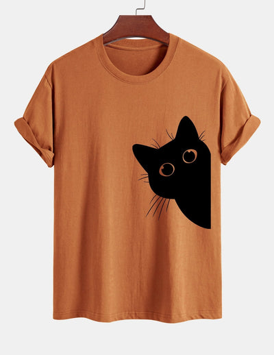 Regular Fit Black Cat Looking Out Print Cotton T-Shirt