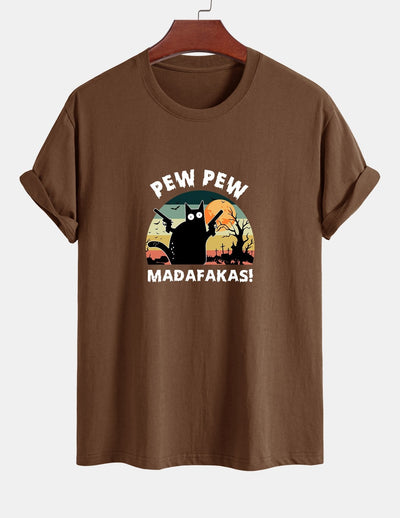 Regular Fit PEW PEW MADAFAKAS Black Cat Print Cotton T-Shirt