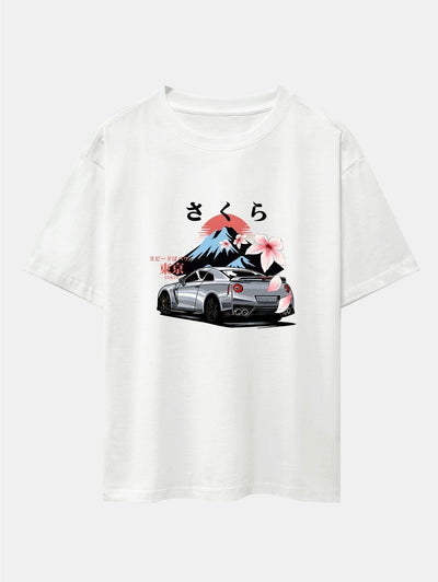 Tokyo Cherry Blossoms Car Print Drop Shoulder Oversize T-Shirt