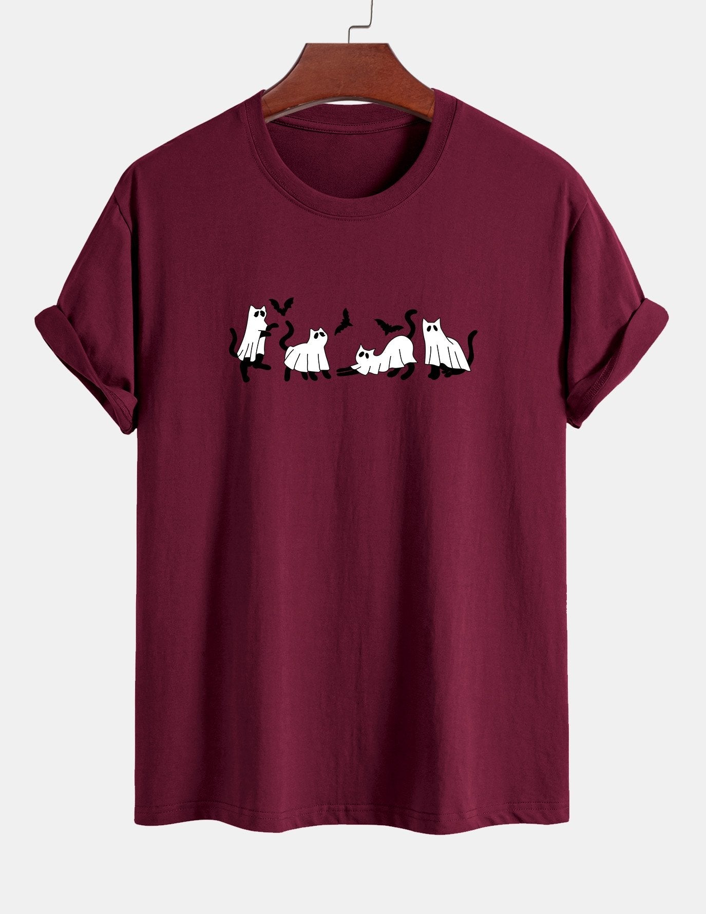 Regular Fit Black Cat Ghost Print Cotton T-Shirt