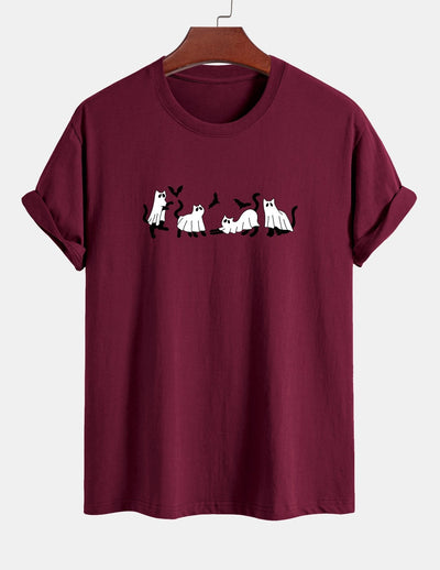 Regular Fit Black Cat Ghost Print Cotton T-Shirt