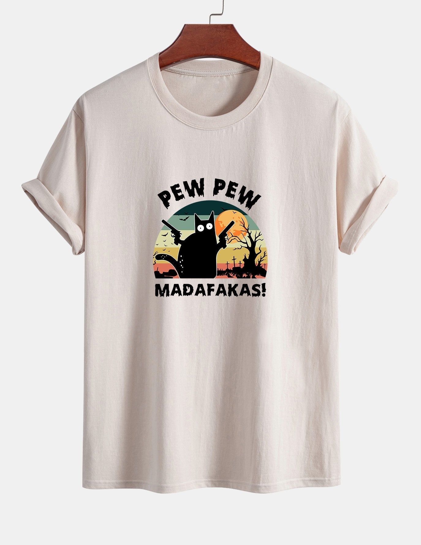 Regular Fit PEW PEW MADAFAKAS Black Cat Print Cotton T-Shirt