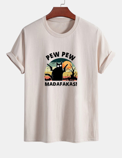 Regular Fit PEW PEW MADAFAKAS Black Cat Print Cotton T-Shirt