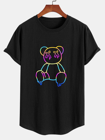 Multicolor Bear Print Cotton Arc Hem T-Shirt
