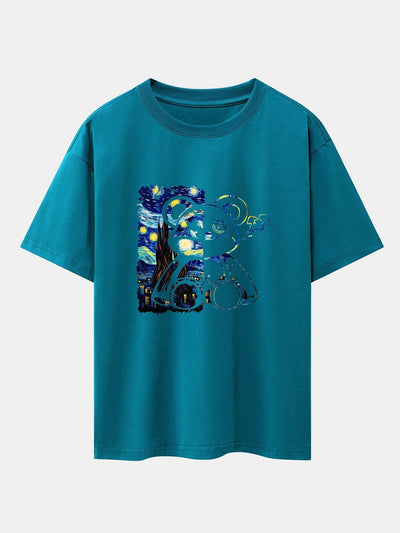 Starry Sky Bear Print Drop Shoulder Oversize T-Shirt