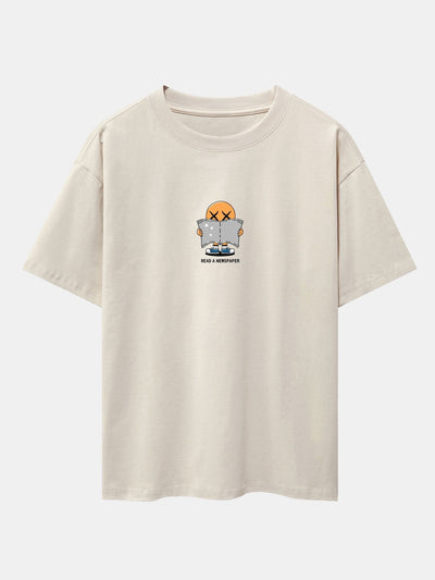Cartoon Smiley Read Newspaper Print Drop Shoulder Oversize T-Shirt