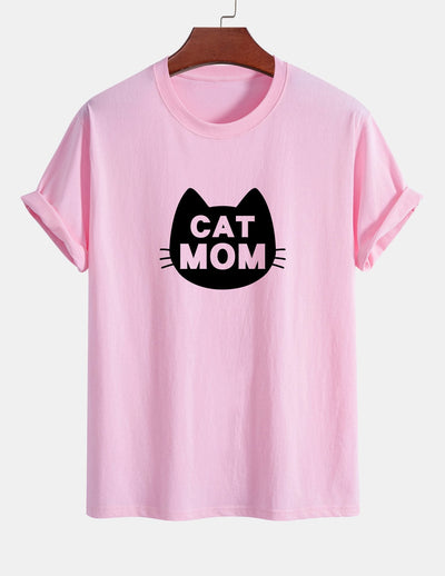 Regular Fit Cat Mom Print Cotton T-Shirt