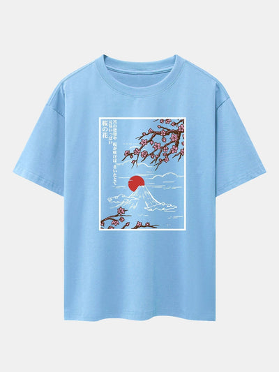 Cherry Blossoms Mountain Print Drop Shoulder Oversize T-Shirt