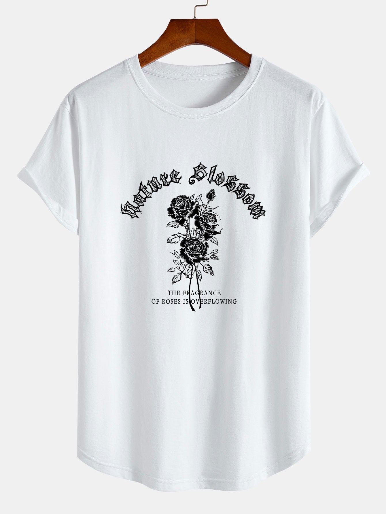 Gothic Style Rose Print Cotton Arc Hem T-Shirt