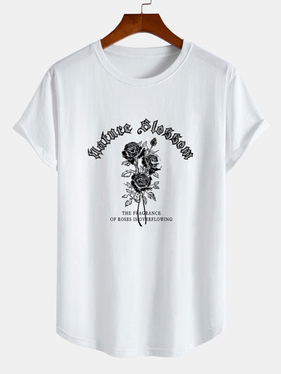 Gothic Style Rose Print Cotton Arc Hem T-Shirt