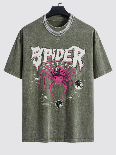 Spider Print Washed Drop Shoulder Oversize T-Shirt