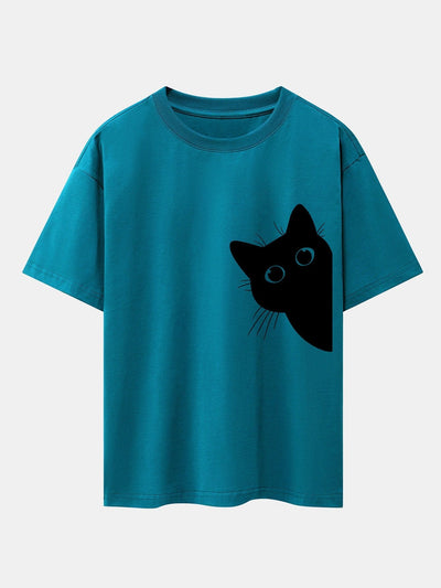 Black Cat Print Drop Shoulder Oversize T-Shirt
