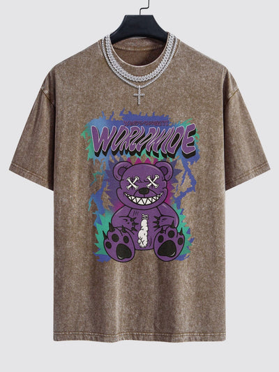 Tattered Bear Print Washed Drop Shoulder Oversize T-Shirt